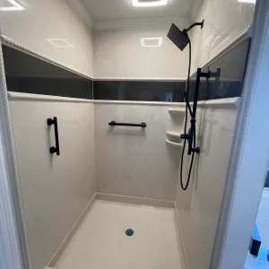 shower with black accent pieces